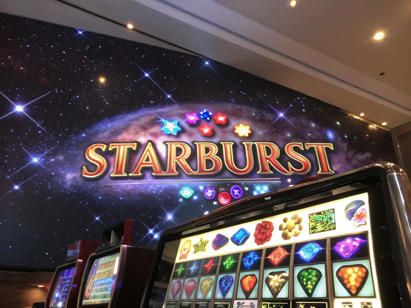 An eye-catching image of the 'Starburst' slot game, featuring its colorful gems and expanding wilds, set against a cosmic background with sparkling effects.