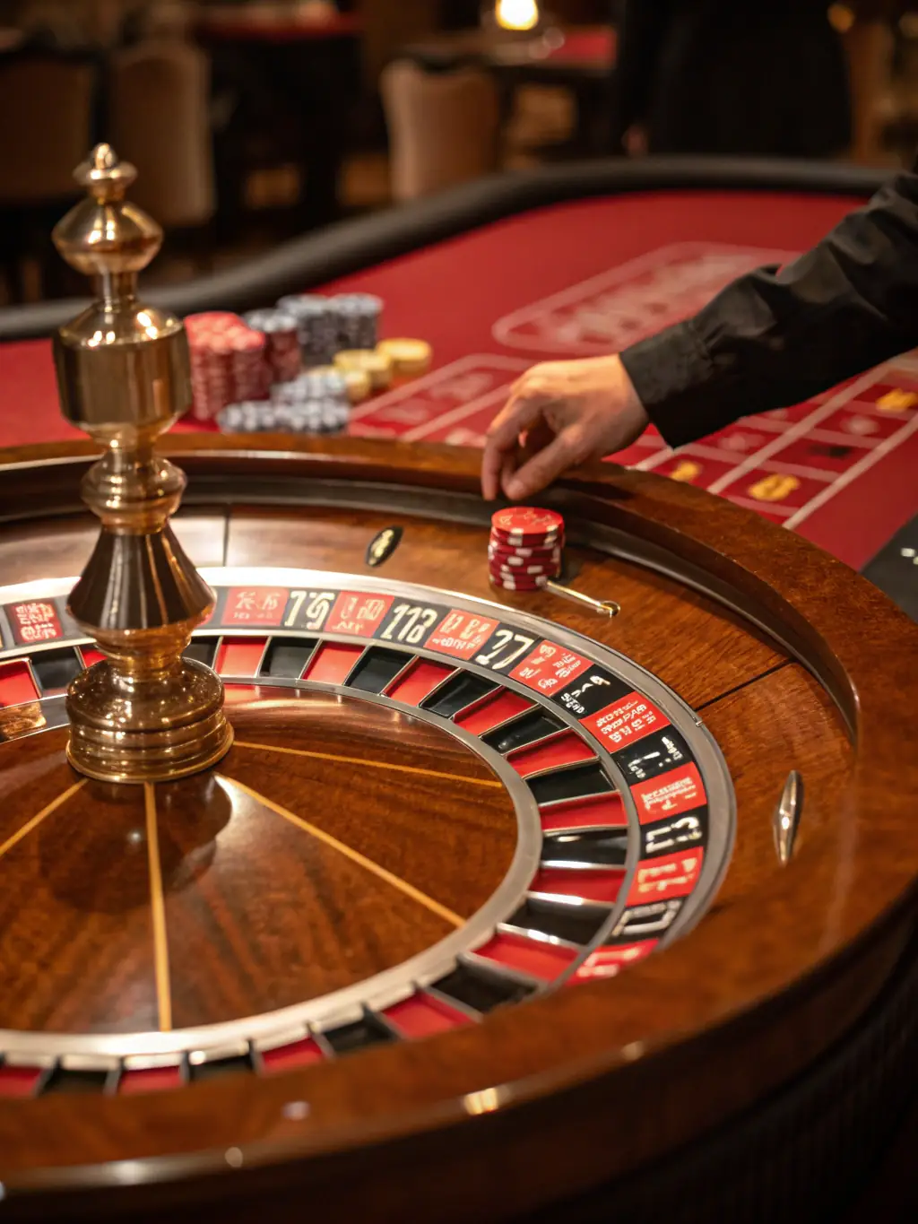 A sophisticated image displaying a roulette wheel in motion at 38win​, surrounded by betting chips and a luxurious casino setting, capturing the anticipation of the game.