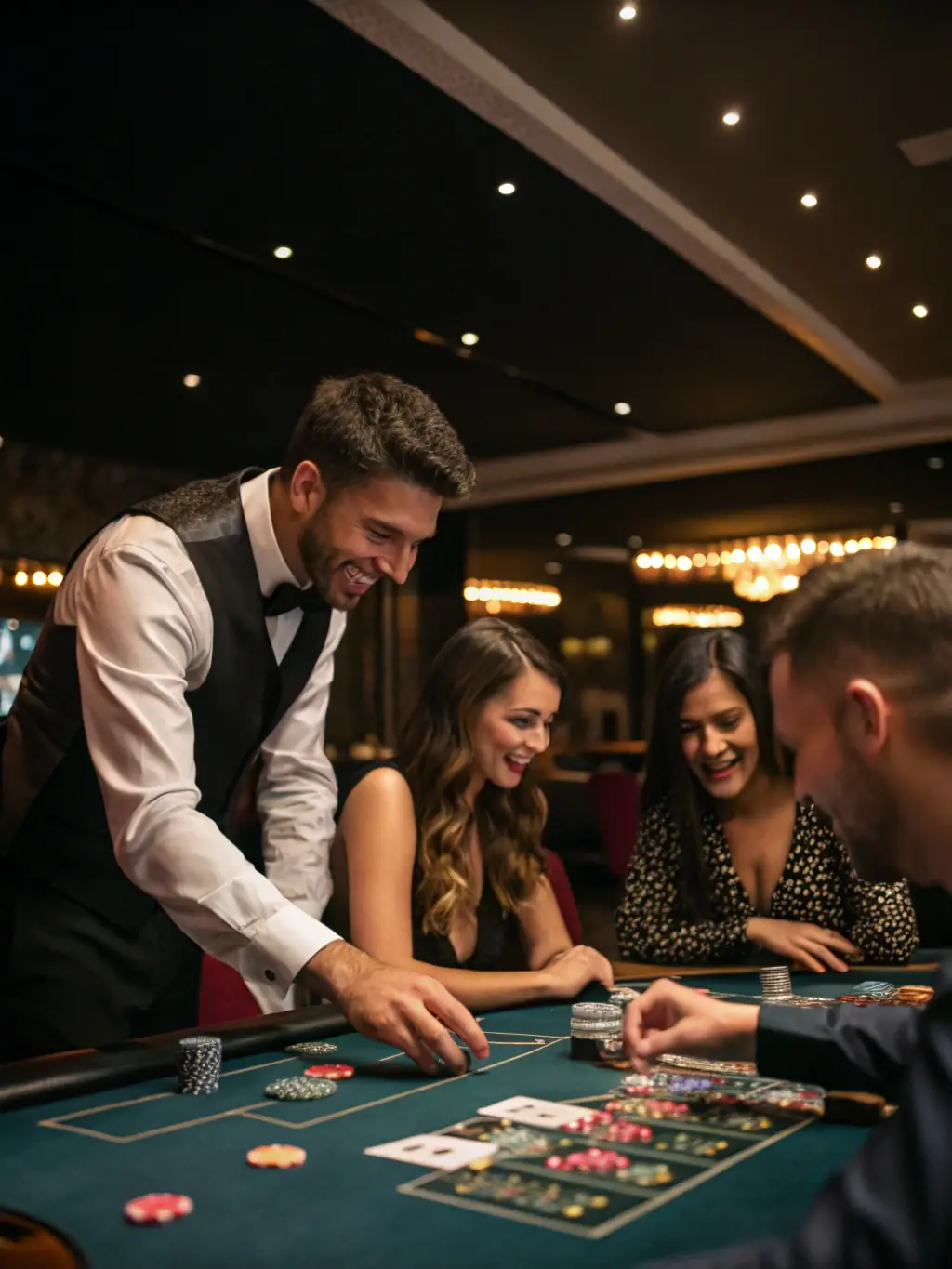 An elegant image depicting a live dealer at a blackjack table in 38win​, with players engaged in the game, creating an atmosphere of real-time excitement and interaction.